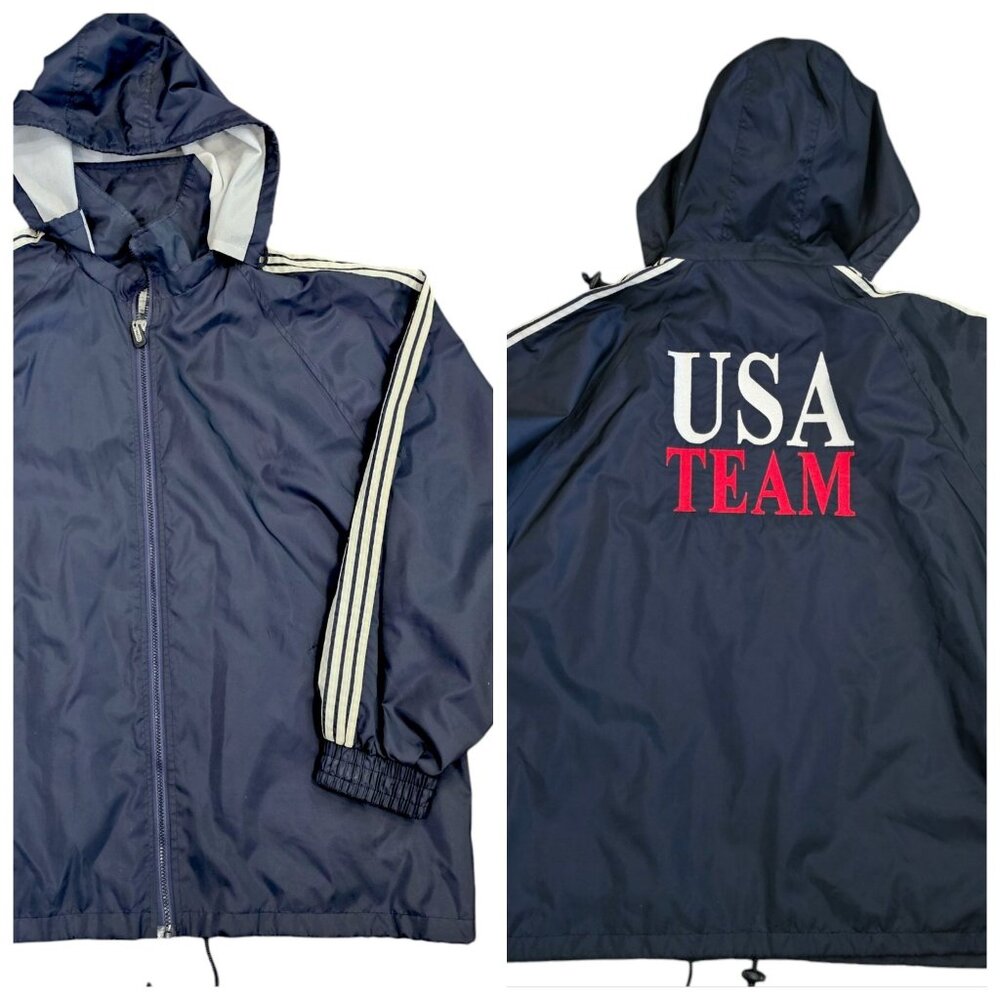 Y2K Olympics USA Team Jacket Windbreaker Navy Blue Embroidery Nylon Sz XL Hood